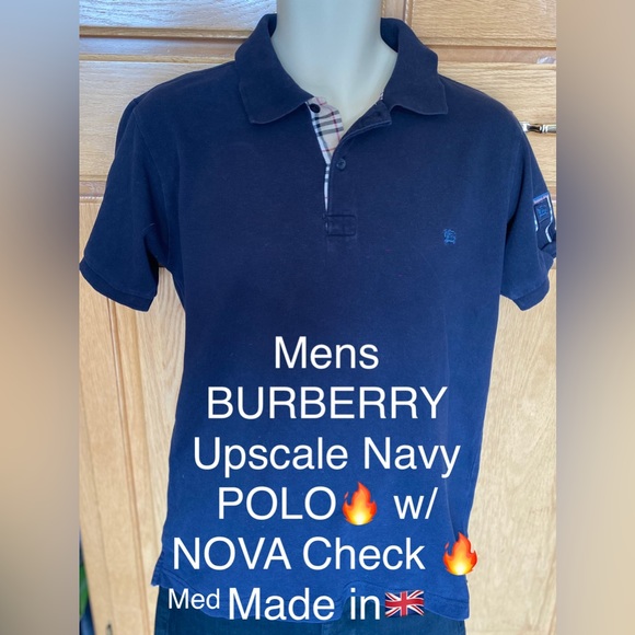 Mens BURBERRY Upscale Polo🐴Navy/ Nova Check Details & sleeve LOGO🔥20.5”p-p-MED - Picture 6 of 16